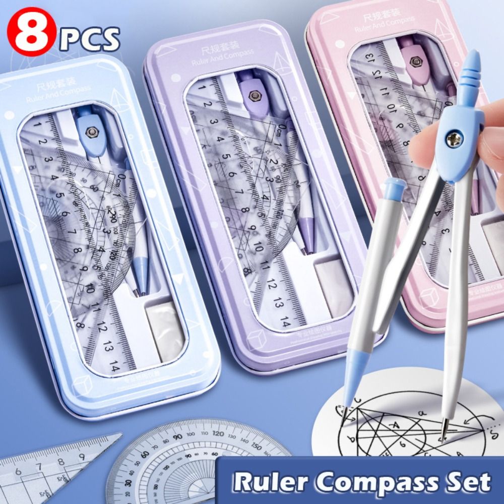 Ruler Set Transparent - 8 ピース/セットプラスチック定規コンパスセット透明消しゴム測定定規ストレート定規セット正方形分度器学生用