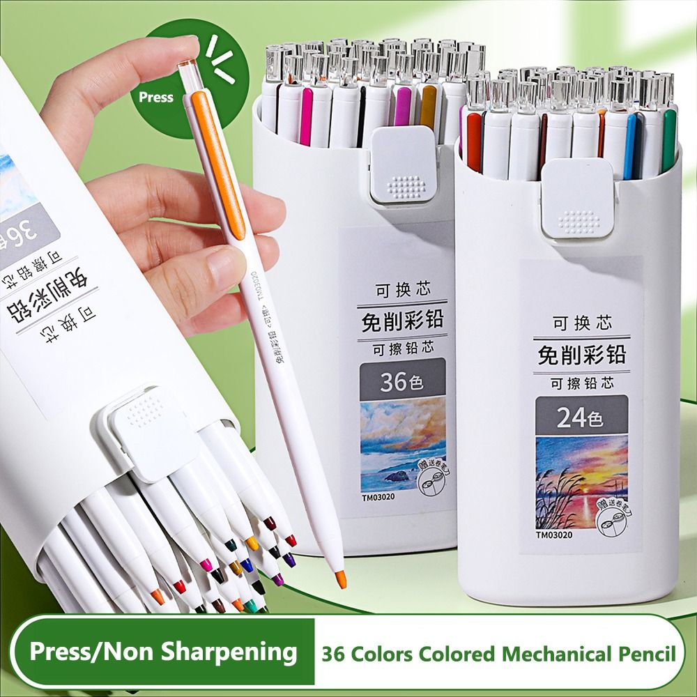 Mechanical Pencil Lead - 芯を削る必要のない色鉛筆、交換可能なリフィル、油性、消せる、12/18/24/36色、アート描画用鉛筆