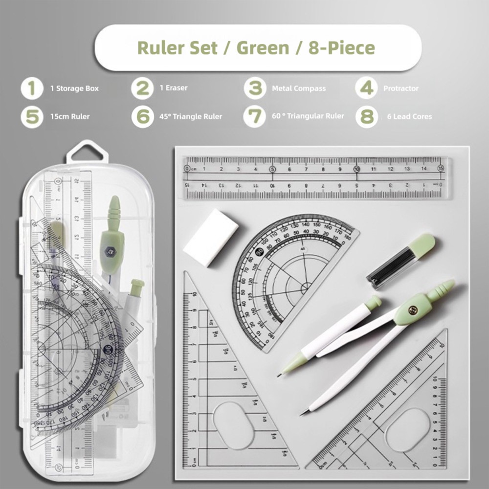 Ruler Set Transparent - 8 ピース/セットプラスチック定規コンパスセット透明消しゴム測定定規セット直角ストレート定規描画ツール学校オフィス
