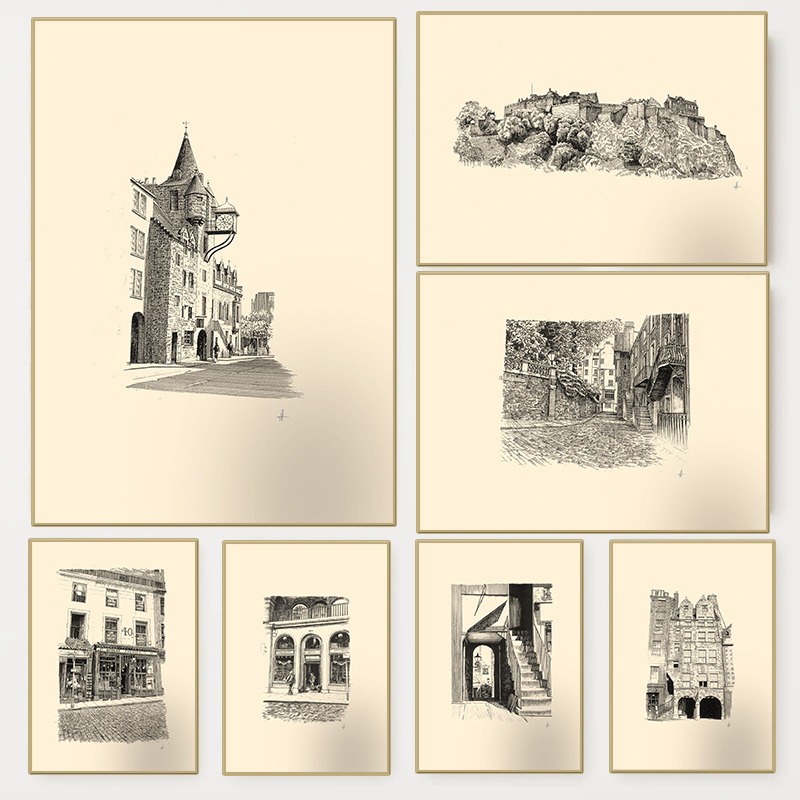Fountain Pen Ink - ヴィンテージエディンバラ城ペンインク描画スケッチポスタースコットランド建築キャンバス絵画ウォールアートリビングルームホームデコレーション用